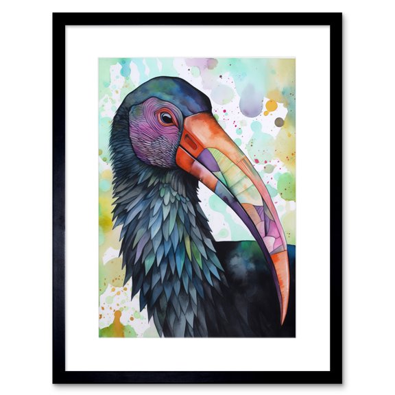 Northern Bald Ibis Bird With Multicoloured Beak Folk Art Watercolour Painting Artwork Framed Print Wall Art 9X7 Inch