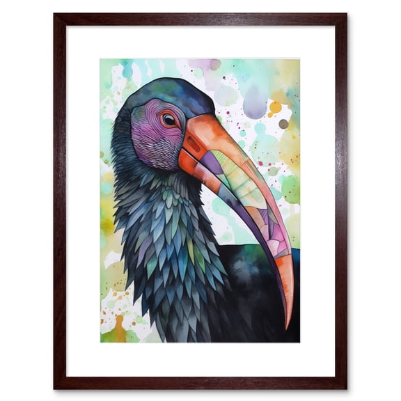 Northern Bald Ibis Bird With Multicoloured Beak Folk Art Watercolour Painting Artwork Framed Print Wall Art 9X7 Inch