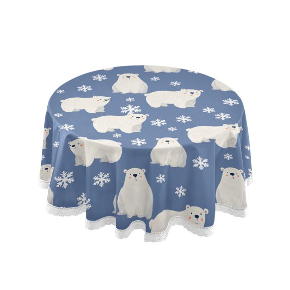 Northern Bear Snow Flower Round Lace Tablecloth 60 Inch Polyester Wrinkle Resistant Decorative