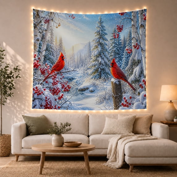 Northern Cardinal Birds with Left Perched Thin Branch, Mystical Fantasy for Space Lovers, Galaxy Room Decor, Christmas Gift, Tapestry Wall Hanging for Bedroom and Dorm