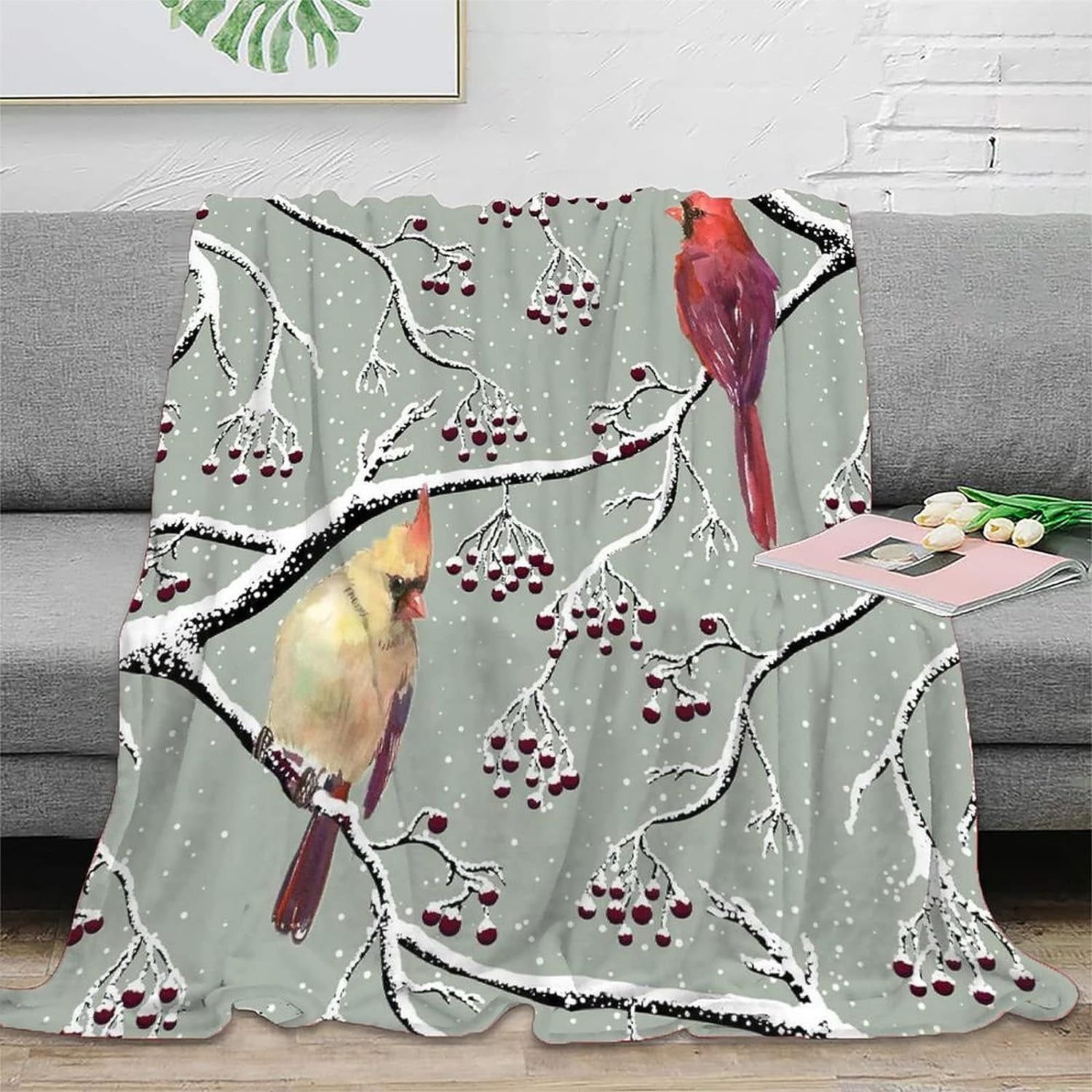 Northern Cardinal Blanket, Winter Snow Holiday Red Bird Berry Tree
