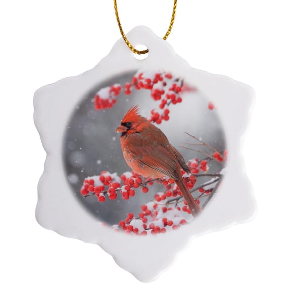 Northern Cardinal In Common Winterberry, Marion, Illinois, Usa., 3 inch Snowflake Porcelain Ornament