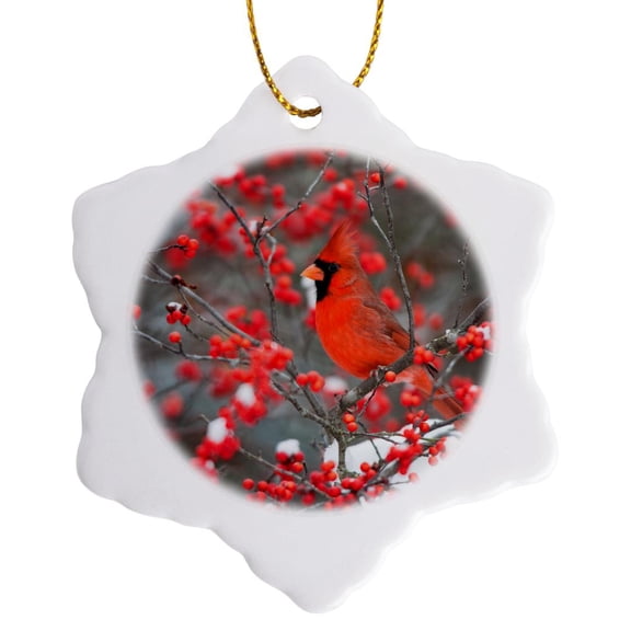 3drose, Northern Cardinal in Winterberry Bush, Winter, Marion County, Illinois, 3 inch Snowflake Porcelain Ornament