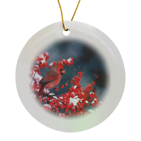 3drose, Northern Cardinal Male in Common Winterberry in Winter, Circle Porcelain Ornament