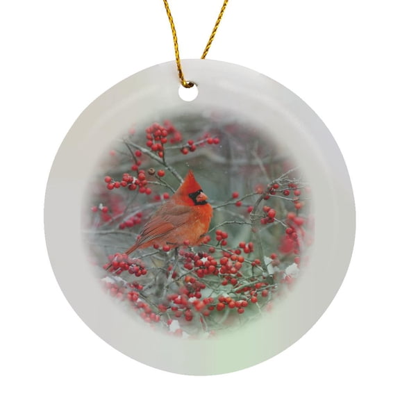 3drose, Northern Cardinal Male in Winterberry Bush, Marion County, Illinois, Circle Porcelain Ornament
