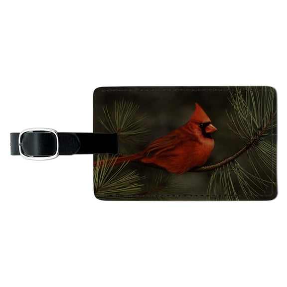 Northern Cardinal Red Pine Perch Rectangle Leather Luggage Card Suitcase Carry-On ID Tag