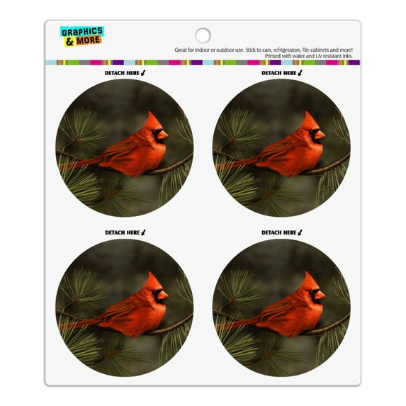 Northern Cardinal Red Pine Perch Refrigerator Fridge Locker Vinyl Circle Magnet Set