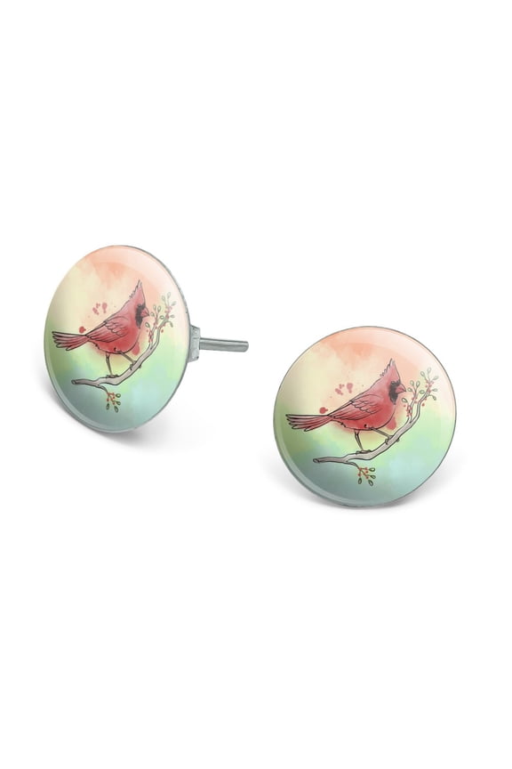 Northern Cardinal Watercolor Northeastern Bird Novelty Silver Plated Stud Earrings