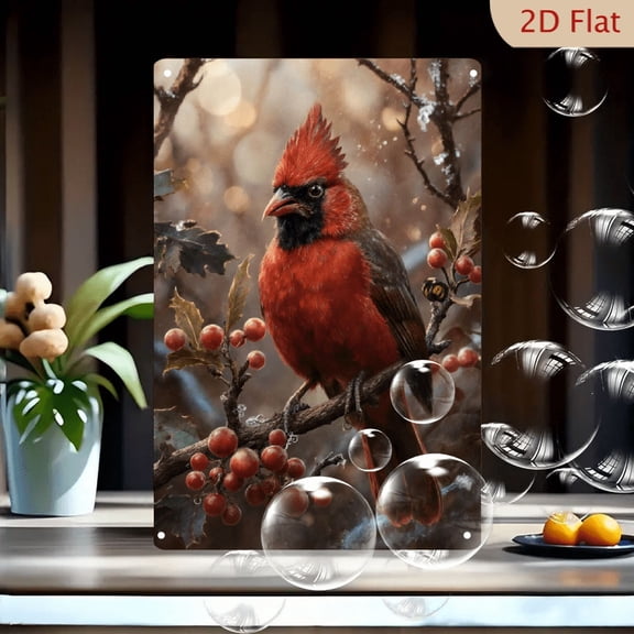 Northern Cardinal on Branch with Berries 8x12in Metal Wall Art, Vibrant Red Bird Painting for Home Decor, Serene Nature Scene with Snowflakes