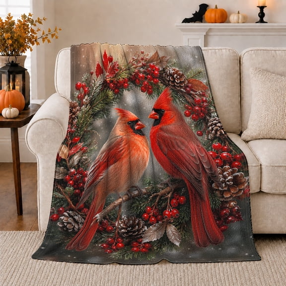 Northern Cardinals Winter Pine Scene, Peaceful Bird Art Scene, Warm Flannel Blanket for Cabin and Lodge with Detailed Artwork, Bird Lovers Housewarming Gift, Artistic Home Decor
