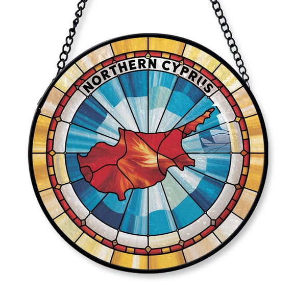 Northern Cyprus Travel Decor Suncatcher Stained Glass Window Hanging, Gift for Traveller, Collection of Country Travel Souvenirs for Family and Friends, Northern Cyprus Map and Flag Décor
