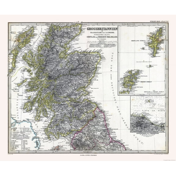 Historic Map - Northern England Scotland - Stieler  1885 - 27.64 x 23 - Vintage Wall Art