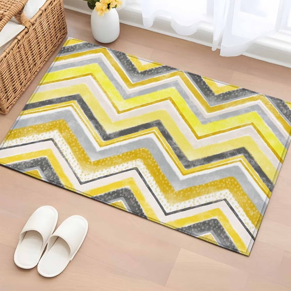 Northern Europe 2'x3' Rug for Entryway Front Door Kitchen Sink Area, Yellow Geometric Wave Stripes Low Pile Washable Non Slip Rectangle Area Rug