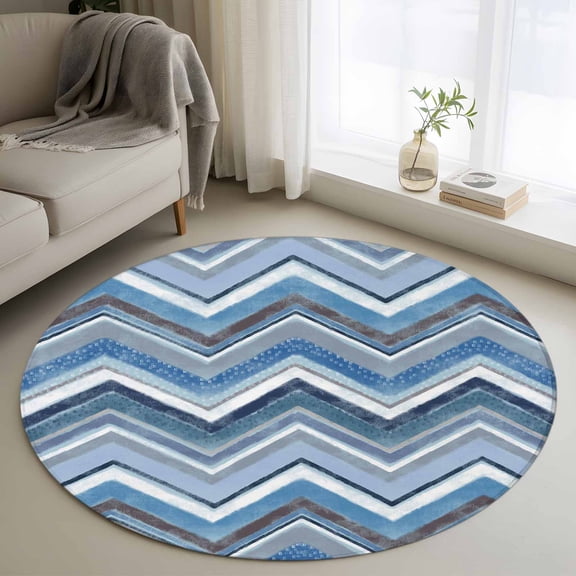 Northern Europe 3' Round Rug for Bathroom Accent Bedside Corner, Blue Geometric Wave Stripes Washable Non Slip Circle Area Rug for Small Spaces