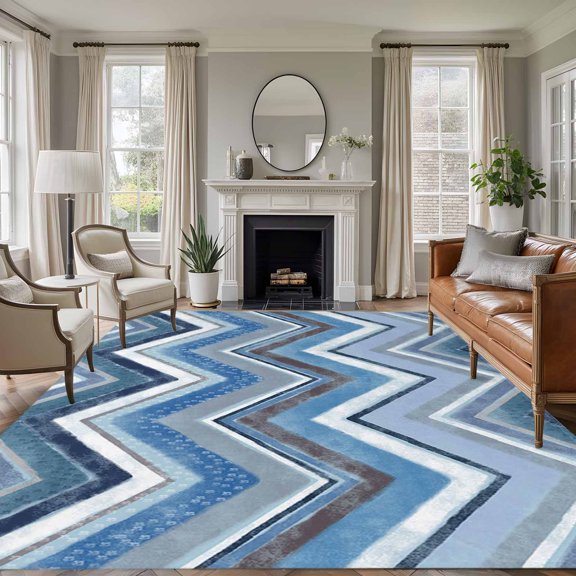 Northern Europe 8'x10' Large Area Rug for Living Room Sectional Sofa, Blue Geometric Wave Stripes Washable Non Slip Low Pile Rectangle Area Rug