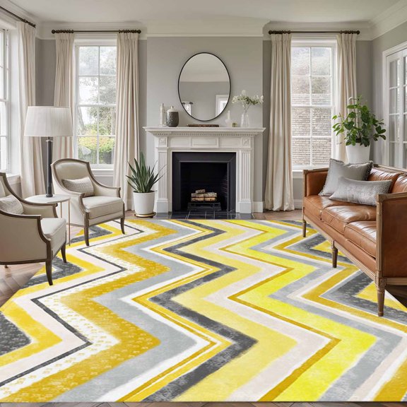 Northern Europe 8'x10' Large Area Rug for Living Room Sectional Sofa, Yellow Geometric Wave Stripes Washable Non Slip Low Pile Rectangle Area Rug
