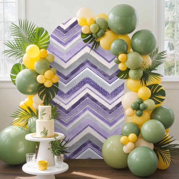 Northern Europe Arch Backdrop Cover, 4FT, Purple Geometric Wave Stripes Spandex Arch Covers Double-Sided Backdrop for Wedding Birthday Party Photo Background Decoration
