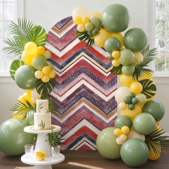 Northern Europe Arch Backdrop Cover, 4FT, Red Geometric Wave Stripes Spandex Arch Covers Double-Sided Backdrop for Wedding Birthday Party Photo Background Decoration