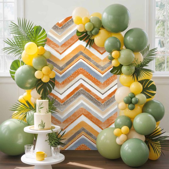 Northern Europe Orange Zigzag Pattern Arch Backdrop Cover Stretchy Spandex Arch Cover 6ft, Retro Abstract Geometric Art Round Top Chiara Stand Covers for Wedding Birthday Party Ceremony Banquet