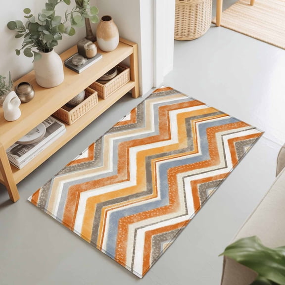 Northern Europe Orange Zigzag Pattern Rectangle Rug 2'x3' Retro Abstract Geometric Art Washable Area Rugs for Living Room Bedroom Entryway Non Slip Entrance Door Mat Indoor Floor Carpet