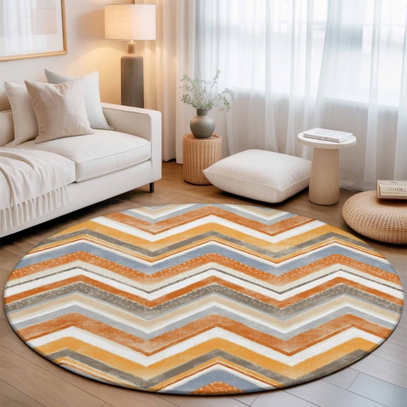 Northern Europe Orange Zigzag Pattern Round Rug 5ft Retro Abstract Geometric Art Washable Area Rugs for Living Room Bedroom Entryway Non Slip Entrance Door Mat Indoor Floor Carpet