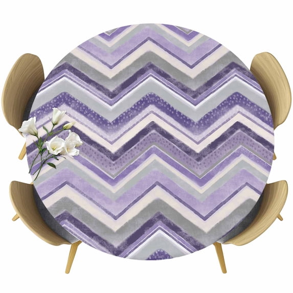 Northern Europe Round Fitted Table Cover Purple Geometric Wave Stripes Waterproof Table Cloth with Elastic Edge Wipeable Tablecloth for Picnic Camping Party Fits 55"-60" Diameter