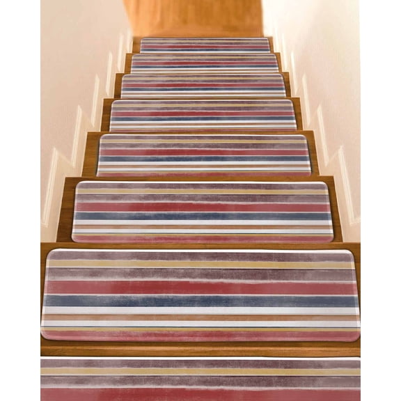 Northern Europe Stair Treads Non Slip for Steps Red Vintage Stripes 4 Pcs Reusable Adhesive Stair Runner Mats for Dogs Elders Carpet Treads Rugs for Staircase 8x30 In