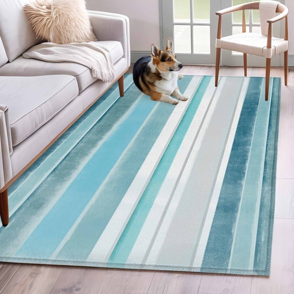 Northern Europe Washable Area Rug 4x6 Turquoise Vintage Stripes Low-Profile Large Area Rugs with Non Slip Backing Indoor Floor Carpet for Entrance Living Room Bedroom Home Office