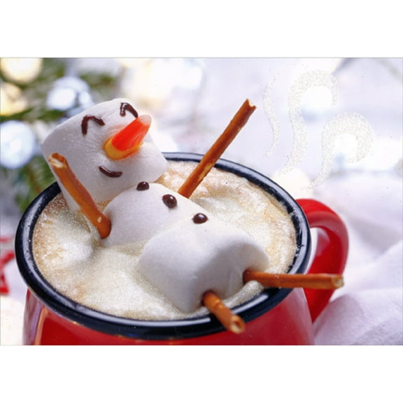 Northern Exposure Marshmallow Snowman with Pretzel Arms Floating in Hot Cocoa Box of 12 Humorous / Funny Christmas Cards