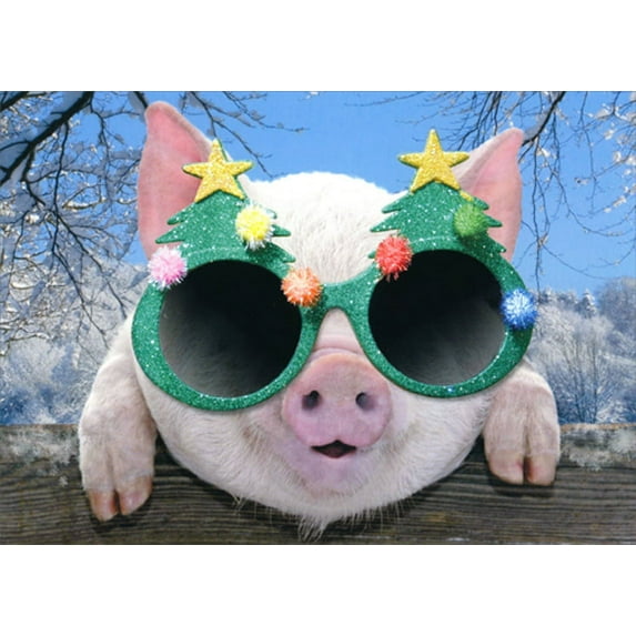 Northern Exposure Pig Wearing Festive Evergreen Tree Glasses Cute Funny / Humorous Box of 12 Christmas Cards