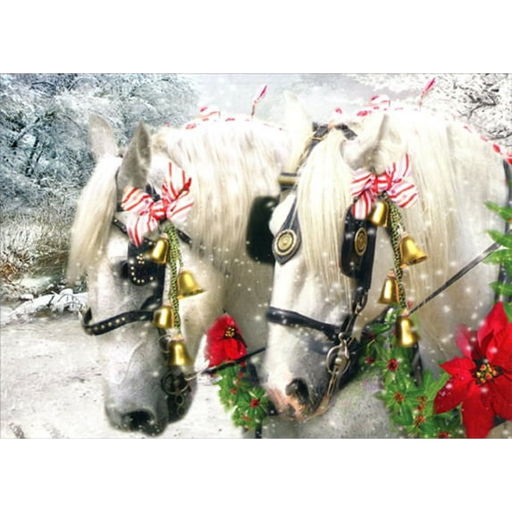 Northern Exposure Two White Horses : Red and White Ribbons Box of 12 Christmas Cards