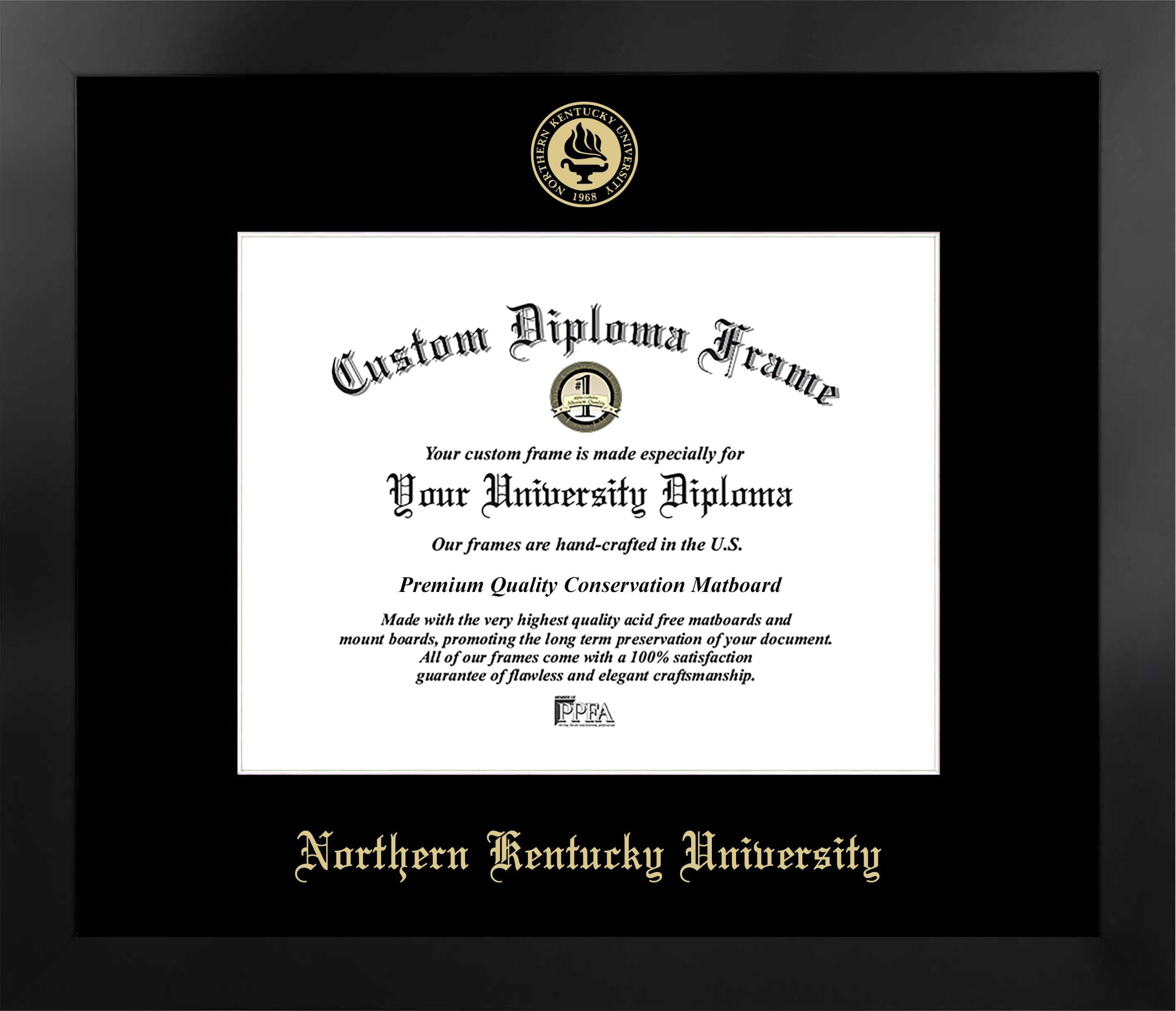 Northern Kentucky University 11w x 8.5h Manhattan Black Single Mat Gold Embossed Diploma Frame with Bonus Campus Images Lithograph (value savings at $59)