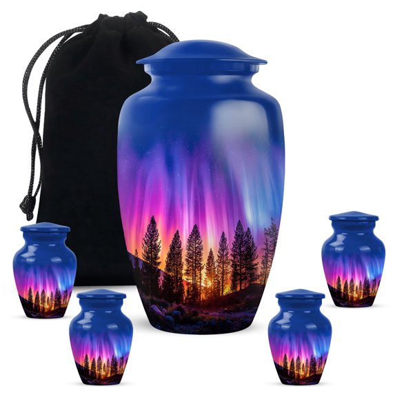 Northern Light Cremation Urn For Human Ashes Adult Male - 1 Large Urn For Women - Purple Mini Memorial Urns For Mom And Dad Set Of 4 - Blue Urns For Adults Brother (10&3) Inch