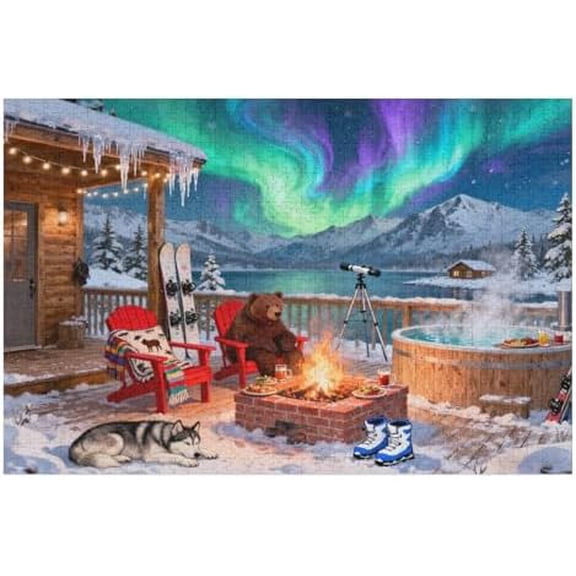 Northern Lights 1000 Piece Jigsaw Puzzle for Adults Fireside Cabin Winter Scene Puzzle, Stunning Aurora Landscape Art, Relaxing 1000 PCS Puzzle for Family and Home Dcor