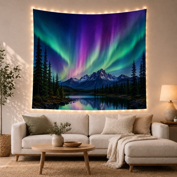 Northern Lights Aurora Borealis Over Mountain Lake Forest Scene Dreamy Celestial for Astronomy Fans Celestial Home Decor Christmas Gift Tapestry Wall Hanging for Bedroom and Living Room
