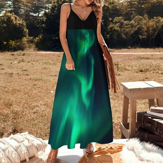 Northern Lights Aurora Borealis Night Sky Green Alaska Sleeveless Dress Woman dresses Elegant gowns Party dresses