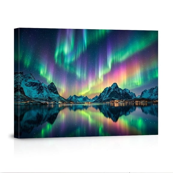 Northern Lights Aurora Borealis Over Snowy Mountains Magical Night Sky With Lake Reflection For Living Room Canvas