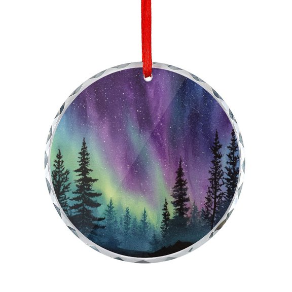Northern Lights Aurora Borealis Winter Forest Glass Christmas Ornament Colorful Beautiful Round Ornament Unique Home Decor