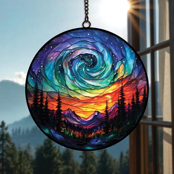 Northern Lights Aurora GLASS SUNCATCHER Forest Aurora Acrylic Window Hanging Handcrafted Northern Lights Decor Gift for Nature Lovers Gift