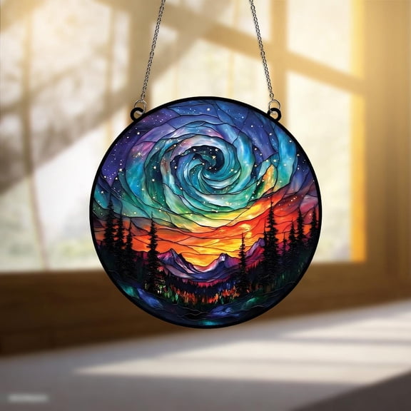 Northern Lights Aurora Glass Suncatcher, Forest Aurora Acrylic Window Hanging, 6.3 in