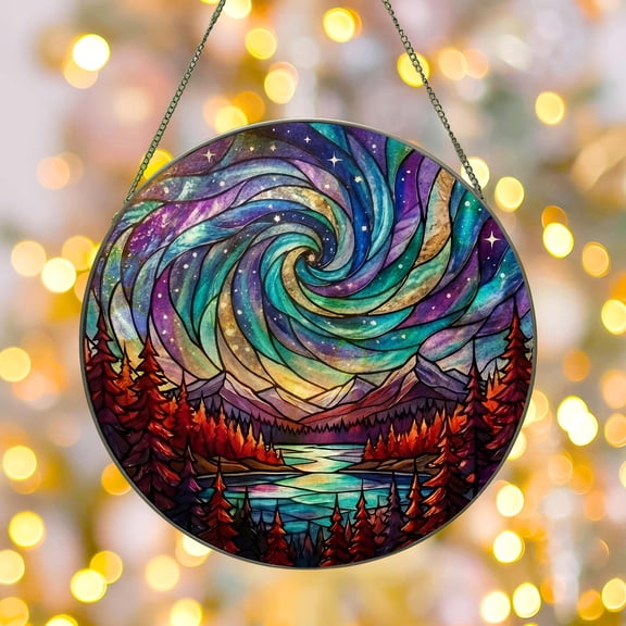 Northern Lights Aurora Glass Suncatcher, Forest Window Hanging Decor, Handcrafted Northern Light Art, Magical Borealis Gift for Nature Lover