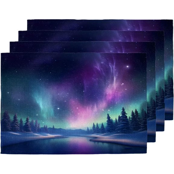 Northern Lights Aurora Place Mats Set of 4, Washable Linen Placemats, Galaxy Aurora Table Mats for Kitchen Dining Table Decor Heat Resistant Tablemats