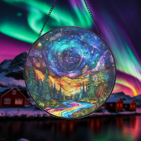 Northern Lights Aurora Stained Glass Window Suncatcher - Aurora Night Sky & Pine Trees - Northern Lights Decor Gift for Nature Lovers Gift 4311253787