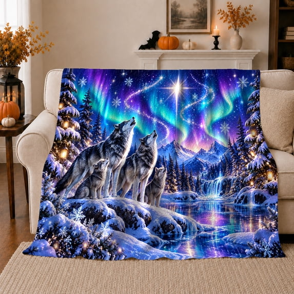 Northern Lights Aurora Wolf Family, Peaceful Mountain Lake Scene, Warm Flannel Blanket for Cabin and Lodge with Detailed Artwork, Outdoor Lovers Camping Gift, Fantasy Home Decor