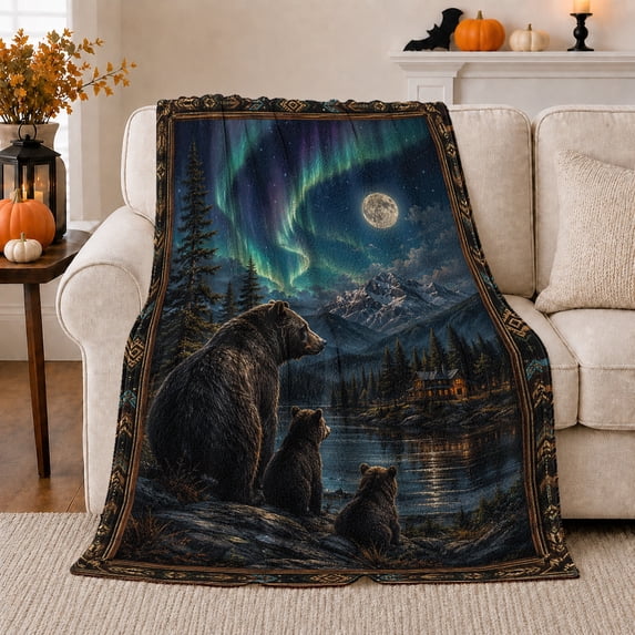 Northern Lights Bear Family Cabin Scene Festive Woodland, Festive Woodland Scene, Warm Flannel Blanket for Cabin and Lodge, Wildlife Lovers Housewarming Gift, Festive Home Decor