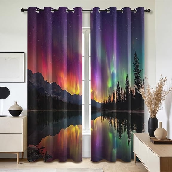 Northern Lights Blackout Curtains for Bedroom Living Room, Aurora Mountain Forest Patterned Window Treatments, Room Darkening Thermal Insulated Grommet Drapes 26"W x 45"L (Pack of 2)
