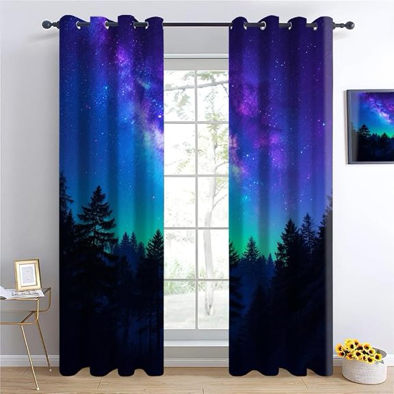 Northern Lights Blackout Curtains, Thermal Insulated Darkening Drapes for Bedroom Space, Aurora Borealis Scene Grommet Window Treatments, Purple Green Sky Over Pine Trees 26"W x 45"L (Pack of 2)