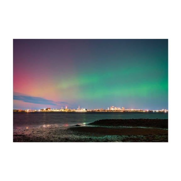 Northern Lights over Boston - Boston Massachusetts Photography Aurora Borealis Cityscape Night Sky Skyline Water Aurora Unframed Wall Art Print 8 x 12 inches