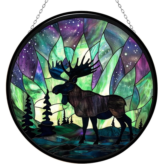 Northern Lights Christmas Moose Stained Glass Sun Catcher with Mountain Stained Glass Window Hanging, Suncatchers, Lavender Wall Decor, for Women/Friends/Lover