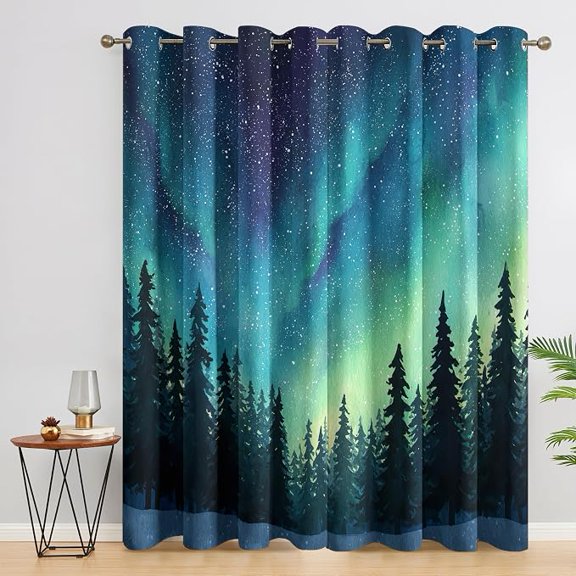 Northern Lights Curtains for Living Room, Aurora Borealis Starry Sky Forest Blackout Curtains, Northern Lights Room Decor, Thermal Darkening Bedroom Window Drapes, Grommets 26"W x 45"L (Pack of 2)